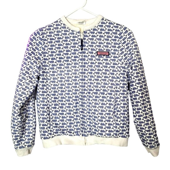 Vineyard Vines White Blue Logo Print Full Zip Sherpa Jacket Kids SIze Large 14 - Picture 1 of 6